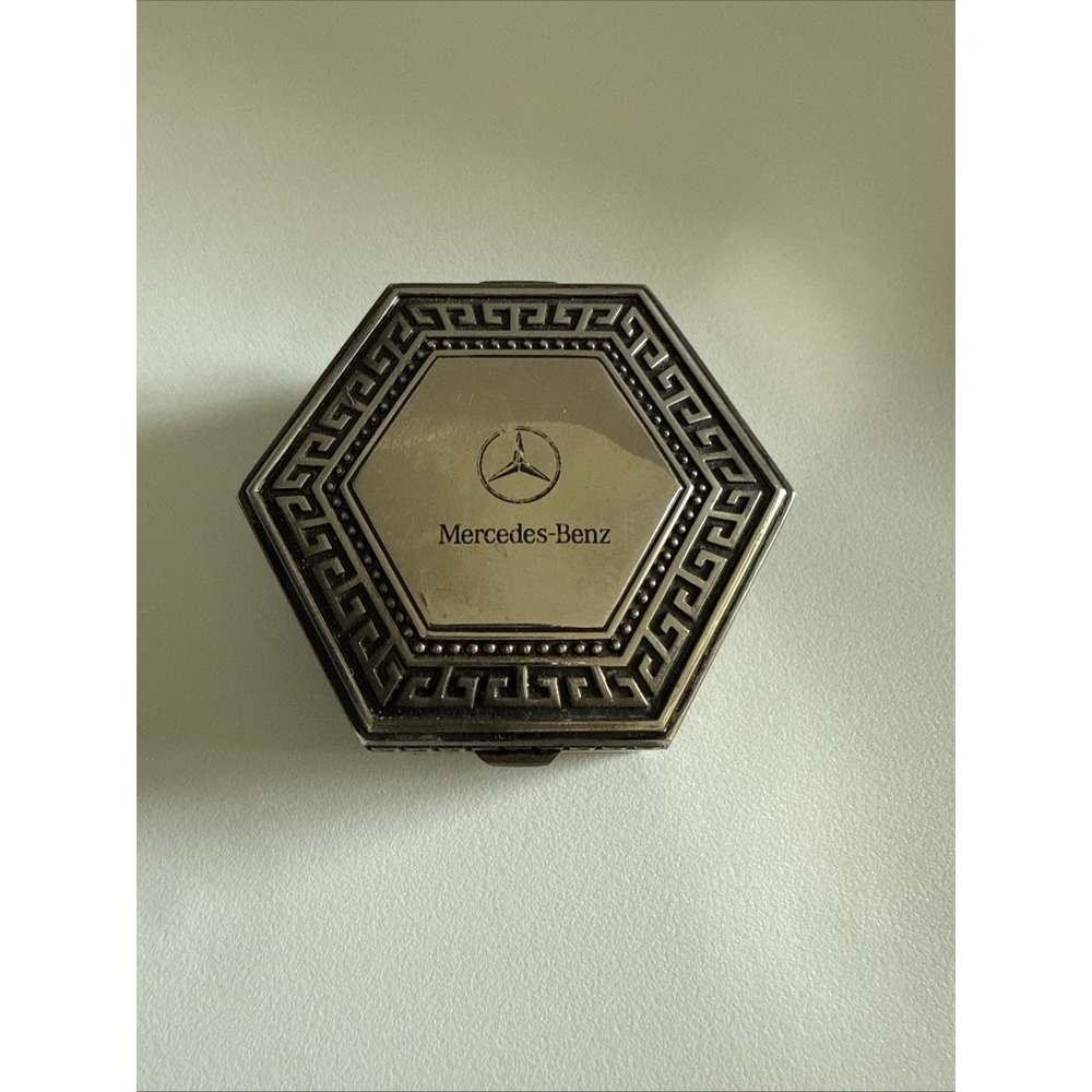 Mercedes Benz Hexagonal Silver Plated Hinged Trinket Box W Greek Key Design 3.5"